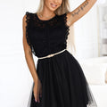 Vestido GRETA de Renda com Saia de Tule e Cinto Dourado - Preto