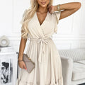 Vestido CORNELIA com Franja, Decote e Laço - Bege