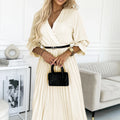 Vestido Longo Pregueado SERENA com Decote, Cinto e Mangas 3/4 - Ecru