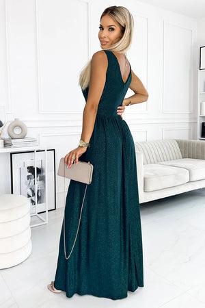 Vestido Longo Brocado LOUISE com Decote e Fenda - Verde Garrafa
