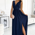 Vestido Longo SUSAN em Brocado - Azul-Marinho