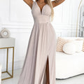 Vestido Longo Brocado SUSAN com Decote - Bege