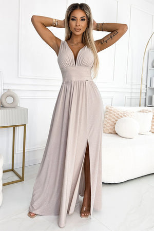 Vestido Longo Brocado SUSAN com Decote - Bege