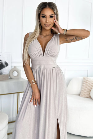 Vestido Longo Brocado SUSAN com Decote - Bege