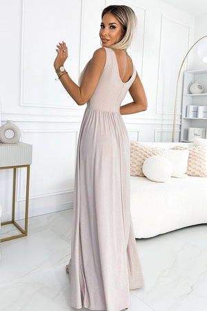 Vestido Longo Brocado SUSAN com Decote - Bege
