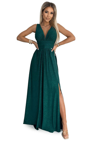 Vestido Longo Brocado SUSAN com Decote - Verde