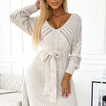 Vestido de Malha Canelada com Decote e Laços - Bege