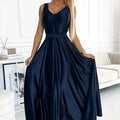 Vestido Longo CINDY em Cetim com Decote e Laço - Azul-Marinho