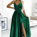Vestido Longo de Cetim JULIET com Decote e Fenda - Verde