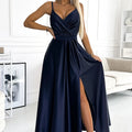 Vestido Longo de Cetim JULIET com Decote - Azul-Marinho