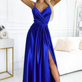 Vestido Longo JULIET em Cetim com Decote e Fenda - Azul Real