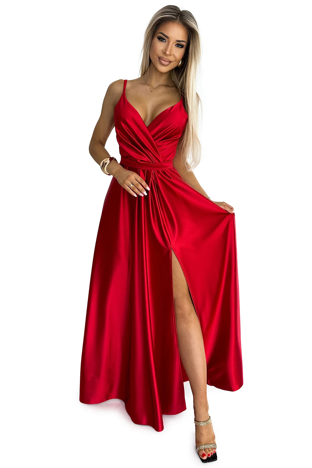 Vestido Longo JULIET em Cetim com Decote e Fenda - Vermelho