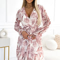 Vestido de Chiffon com Decote, Folhos e Cinto - Flores Bege