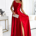 Vestido Longo de Cetim de Um Ombro - Vermelho