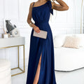Vestido Longo de Uma Alça com Laço - Azul-Marinho