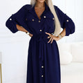 Vestido Midi Camisão com Botões Dourados e Cinto - Azul-marinho