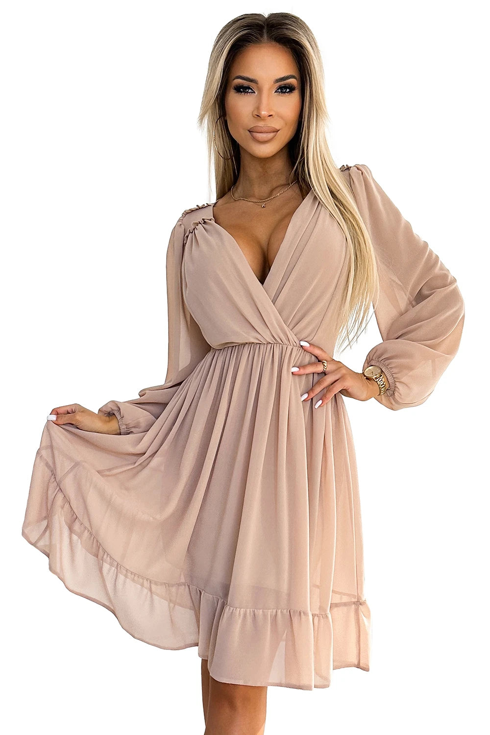 Vestido Midi de Chiffon MILA com Mangas Longas e Decote - Bege