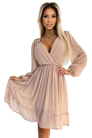 Vestido Midi de Chiffon MILA com Mangas Longas e Decote - Bege