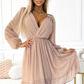 Vestido Midi de Chiffon MILA com Mangas Longas e Decote - Bege