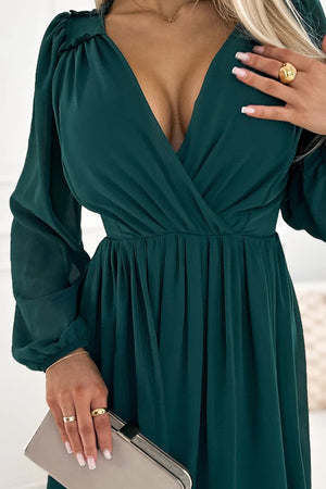 Vestido Midi de Chiffon MILA com Mangas Longas e Decote - Verde Garrafa