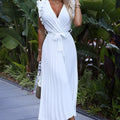 Vestido Midi Plissado com Decote e Renda - Branco
