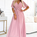 Vestido Longo com Decote Plissado e Laços - Rosa Claro