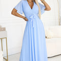 Vestido Longo Azul Claro com Decote Drapeado e Laço