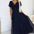 Vestido Longo NASTIA com Decote e Mangas Curtas
