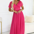 Vestido Longo NASTIA com Decote, Laço e Mangas Curtas - Framboesa