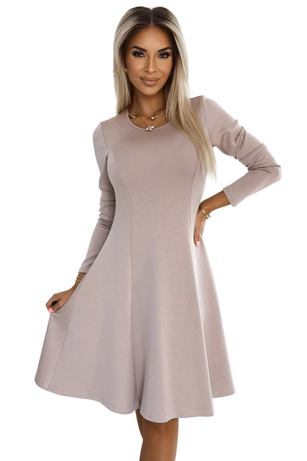 Vestido Trapézio de Mangas Longas - Bege