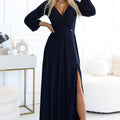 Vestido Longo NELA com Brilho, Decote e Mangas Longas - Azul-Marinho