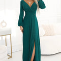 Vestido Longo NELA com Decote Cruzado, Mangas Longas e Fenda - Verde Garrafa