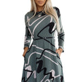 Vestido de Malha Evasé com Cinto - Verde Oliva com Padrão Preto e Bege