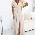 Vestido Longo JENNIFER com Fenda e Decote Cruzado - Bege