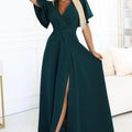 Vestido Longo JENNIFER com Fenda, Mangas e Decote - Verde Garrafa