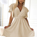 Vestido Feminino com Decote Envolvente, Mangas e Cinto - Bege
