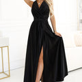 Vestido Longo MONIQUE em Cetim com Decote e Fenda - Preto
