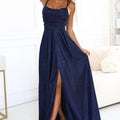 Vestido Longo com Brilho Subtil e Laço nas Costas - Azul-Marinho