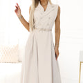 Vestido Midi Camiseiro com Botões Dourados e Cinto - Bege