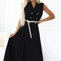 Vestido Midi Elegante em Preto com Botões Dourados e Cinto