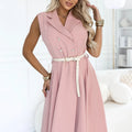 Vestido Midi com Botões Dourados e Cinto - Rosa Pó