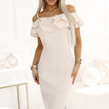 Vestido Midi CARMEN com Ombros Descobertos e Folhos - Bege