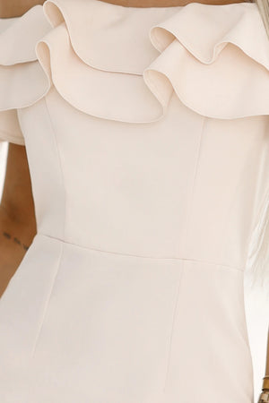 Vestido Midi CARMEN com Ombros Descobertos e Folhos - Bege
