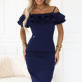 Vestido Midi Justo com Ombros Descobertos e Folhos - Azul-Marinho
