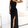 Vestido Longo SELENA Assimétrico com Brilho e Fenda - Preto