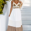 Vestido Longo Bege e Branco sem Mangas com Topo de Croché - Boho