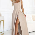 Vestido Longo AURELIA com Fenda e Decote Quadrado - Bege com Brilho