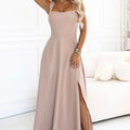 Vestido Longo com Brilho, Decote Quadrado e Fenda - Bege Escuro
