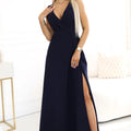 Vestido Longo MIRA com Decote Cruzado e Fenda - Azul-Marinho