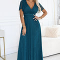 Vestido Longo Brilhante MELANIA com Gola e Mangas Curtas - Verde Garrafa